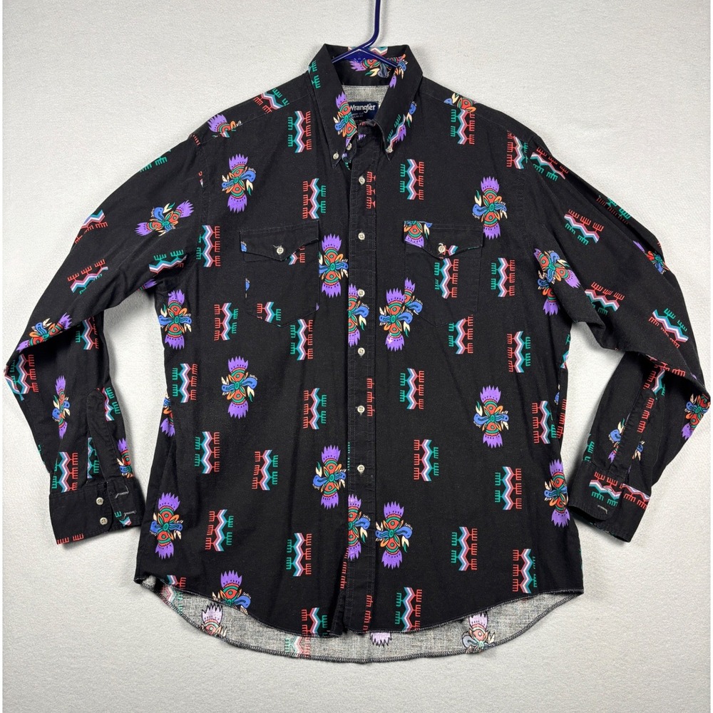 Vintage Wrangler Cowboy Cut Western Shirt Aztec Print 17.5 x 36 Black 90's
